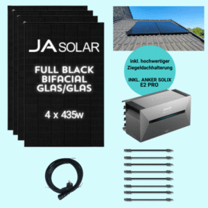 Anker Solix Pro 2 mit Kabeln und Solarpaneelen auf einem Ziegeldach