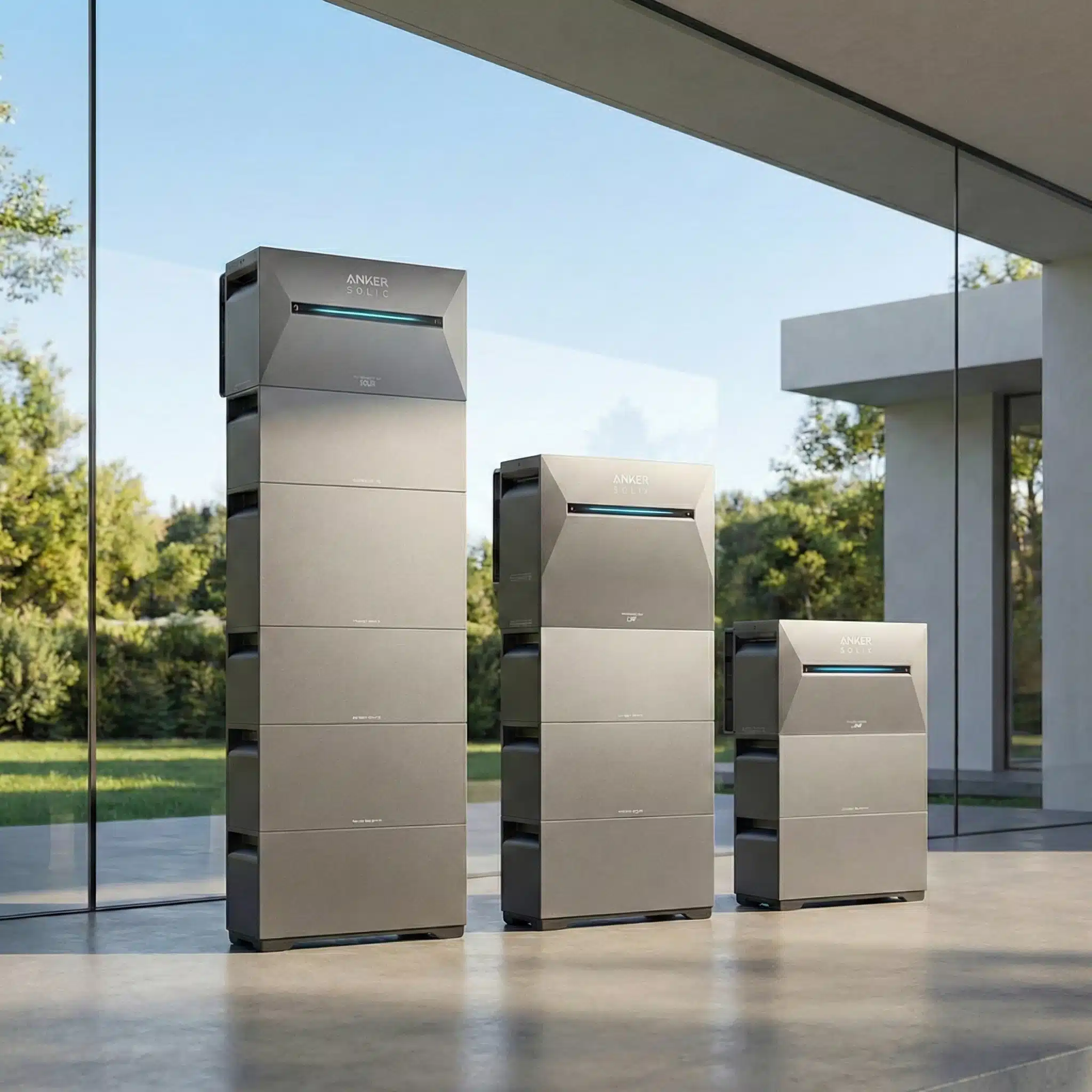 Drei unterschiedlich hohe, gestapelte Anker SOLIX Solarbank 2 Pro Batteriespeicher-Türme auf einer Betonterrasse vor einer Glasfassade mit Gartenblick.