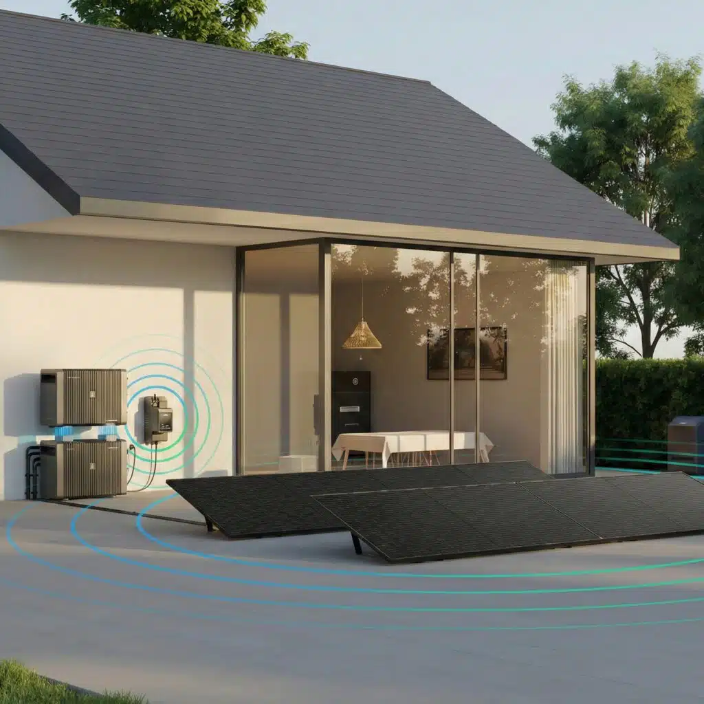 Modernes Wohnhaus mit einem installierten Anker Solix Solarsystem auf der Terrasse. Zu sehen sind vier Solarmodule auf dem Boden, ein gestapelter Batteriespeicher an der Hauswand und ein Smart Meter. Blaue und grüne konzentrische Wellen visualisieren die drahtlose Vernetzung und den intelligenten Energiefluss zwischen allen Komponenten