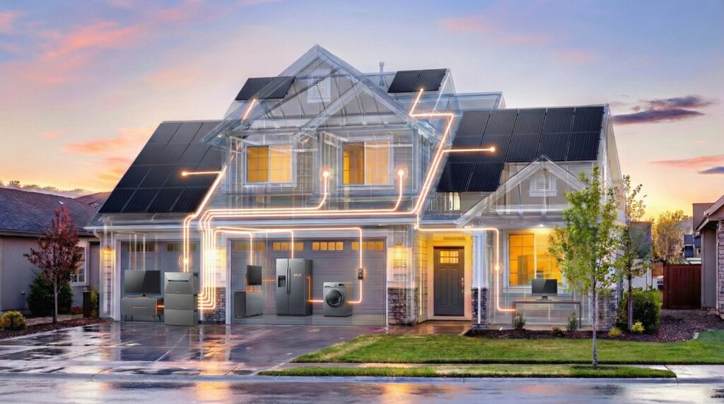 Visualisierung eines intelligenten Energiesystems in einem transparenten Haus bei Sonnenuntergang, das zeigt, wie Strom von Dach-Solarmodulen über einen Anker Solix Pro 3 Batteriespeicher in der Garage zu verschiedenen Haushaltsgeräten wie Kühlschrank, Waschmaschine, Fernseher und Computer fließt, dargestellt durch leuchtende orangefarbene Linien.