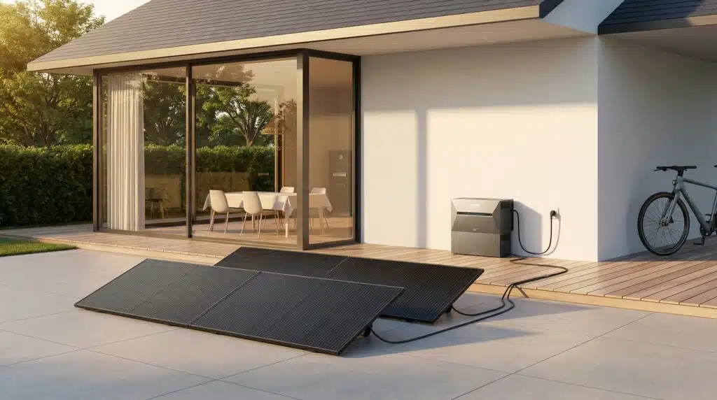 Schwarze Boden-Solarpaneele auf einer modernen Terrasse mit kompaktem Batteriespeicher und einem E-Bike vor einem lichtdurchfluteten Wohnhaus