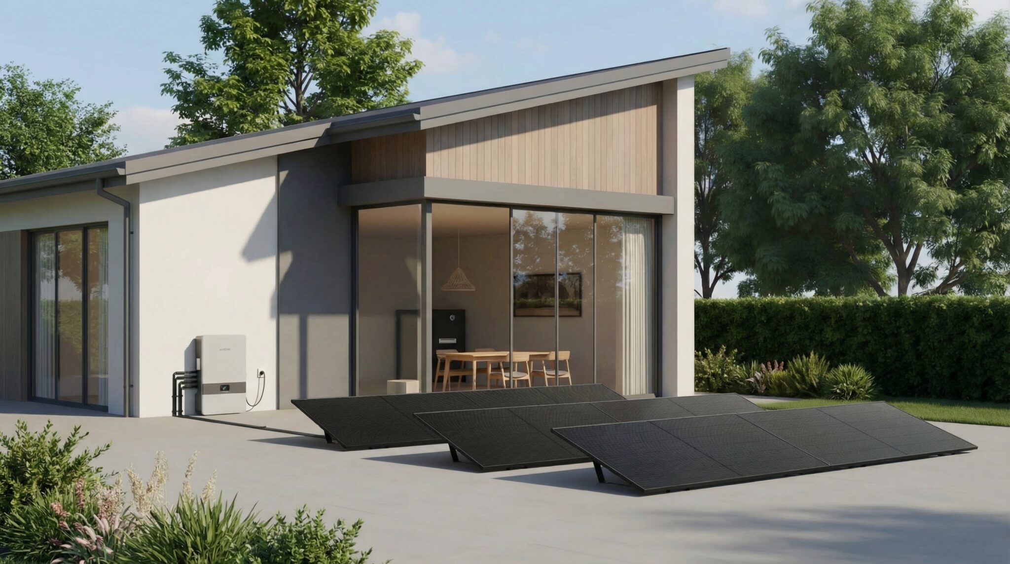 Moderne Boden-Photovoltaikanlage mit schwarzem Solarmodul-Set und externem Batteriespeicher vor einem minimalistischen Wohnhaus im Grünen.