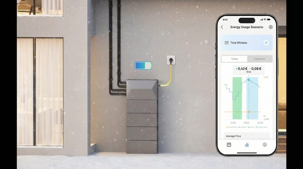 Smartphone mit Energie-Management-App zeigt Strompreis-Statistiken vor einem Haus-Batteriespeicher an einer Außenwand im Schneefall